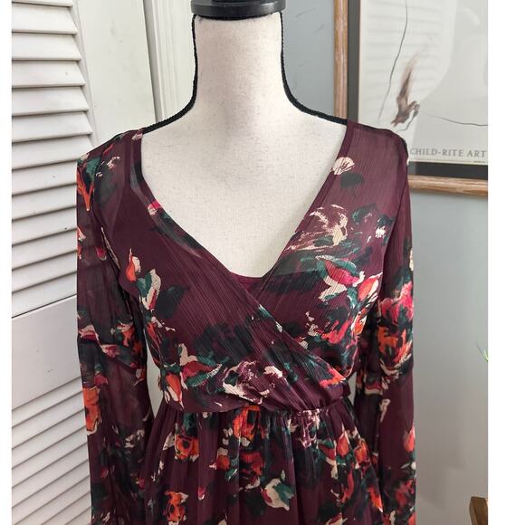 ABERCROMBIE FITCH Womens Dress SMALL Burgundy Floral Long Sleeve Mini Grunge - Picture 3 of 12